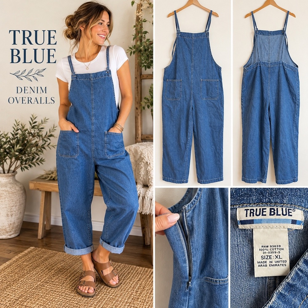 True Blue Denim Bib Overalls Jumpsuit XL 100% Cotton Cropped 90s Y2K